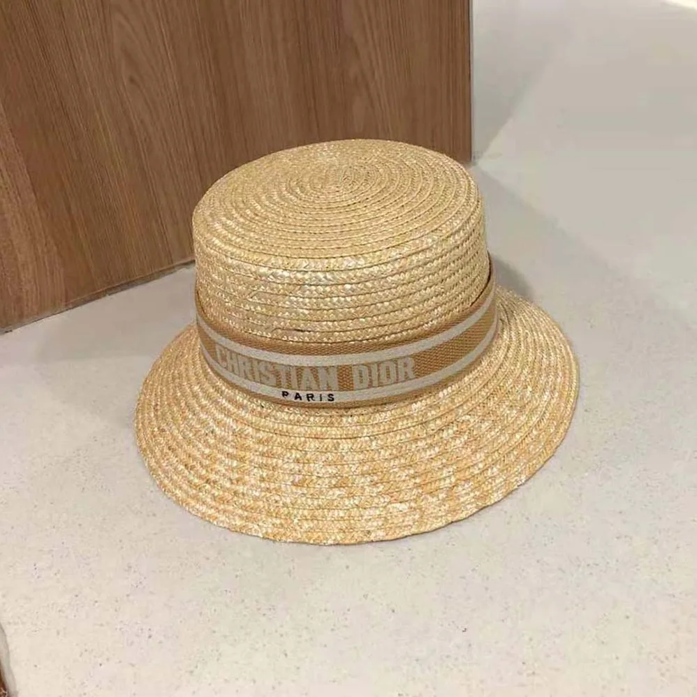 Dior Dioresort Small Brim Hat Natural Straw and Pink Embroidered Band for Women
