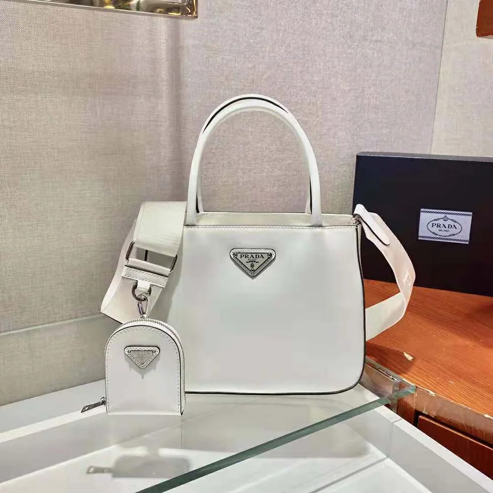 Prada Brushed Leather Handbag Nylon Lining for Women in White