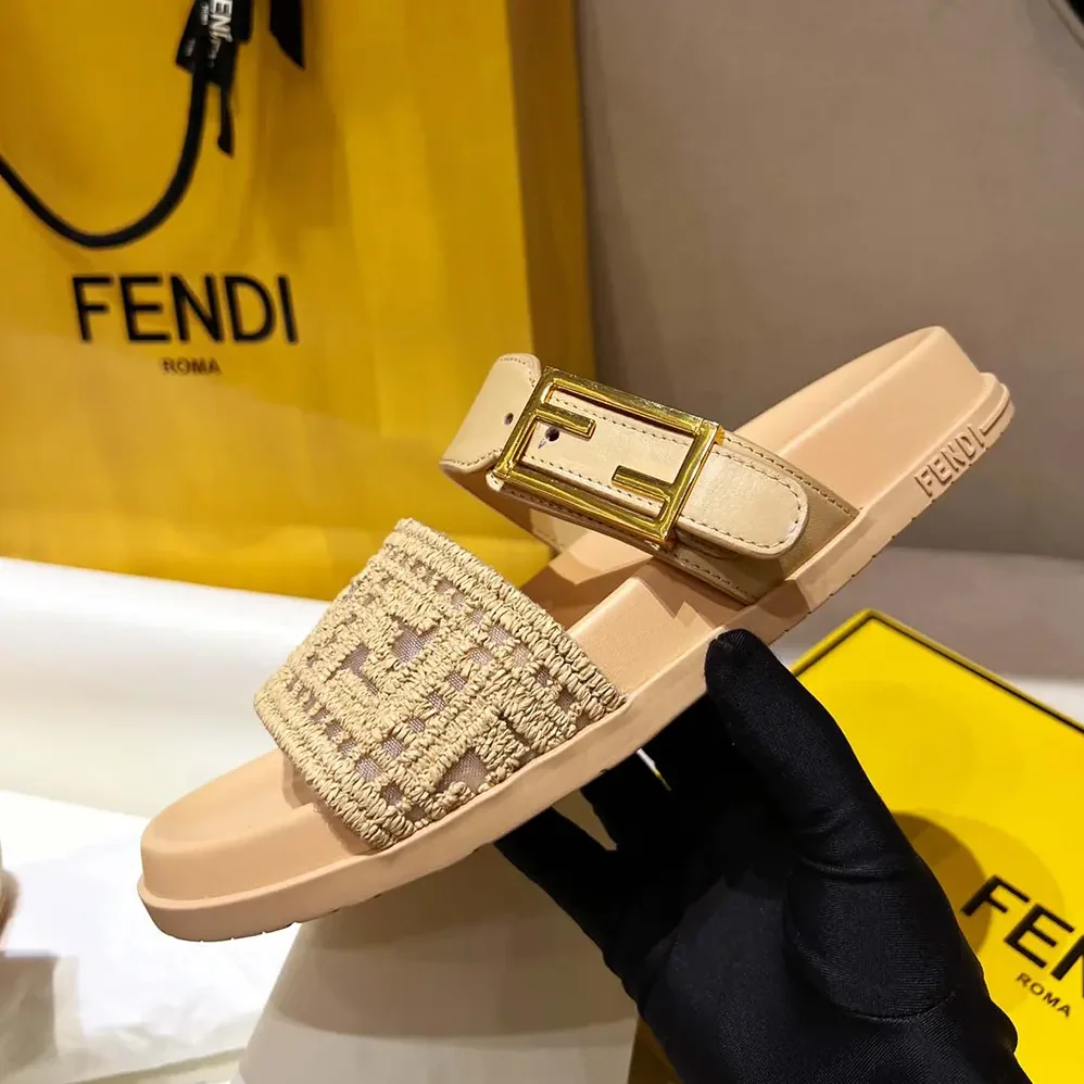 Fendi Feel Mesh Slides with Raffia FF Embroidery for Women