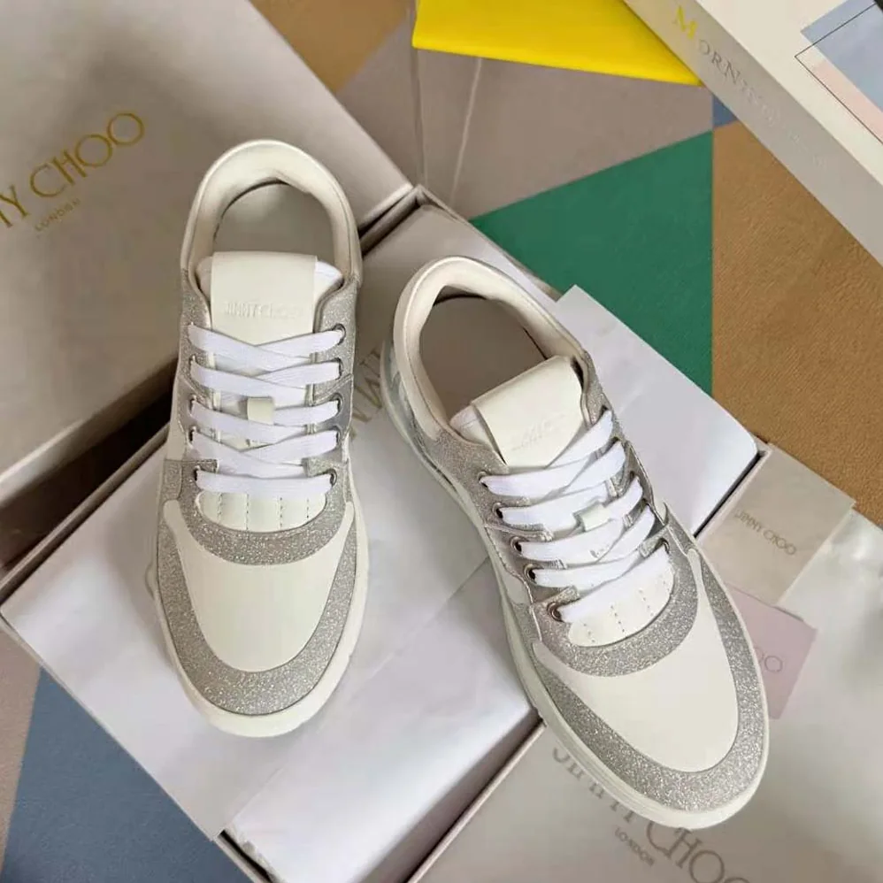 Jimmy Choo Florent/F White Leather Trainers with Glitter for Women