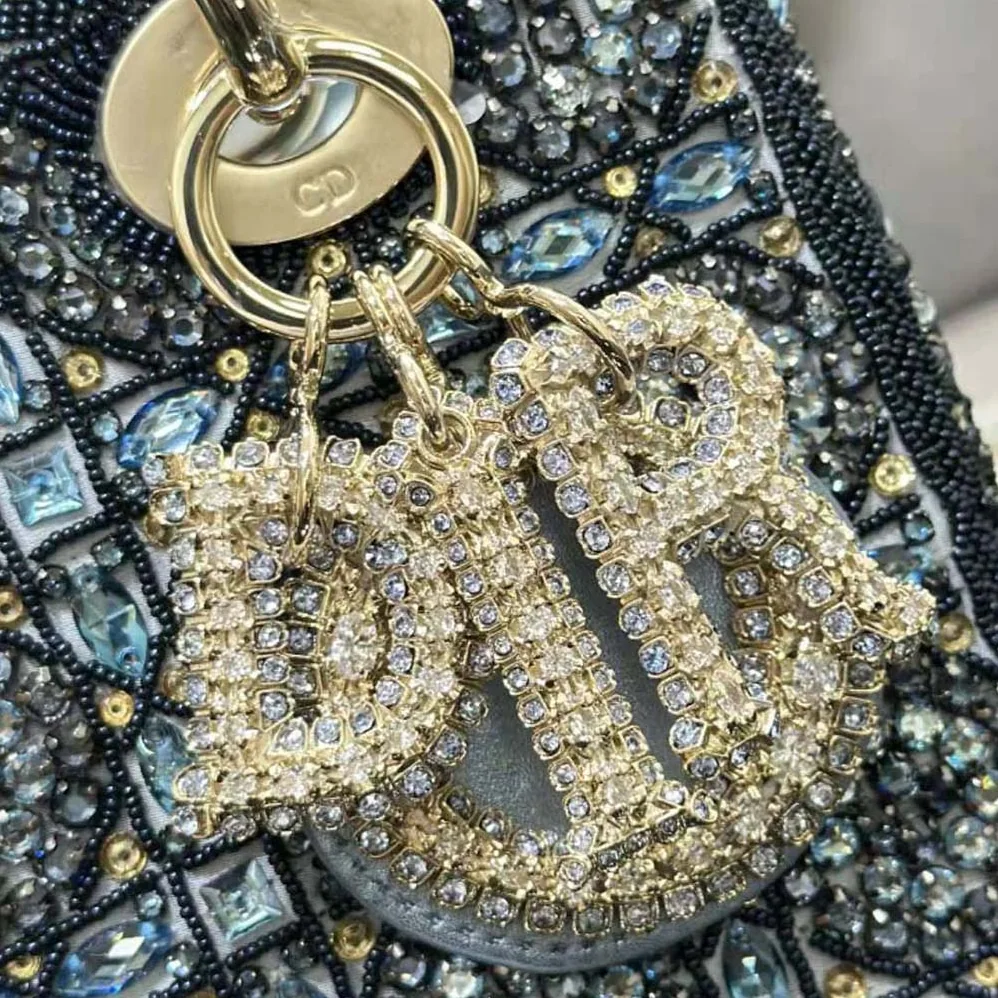 Dior Small Lady Dior Bag Metallic Calfskin and Satin with Celestial Blue Bead Embroidery for Women