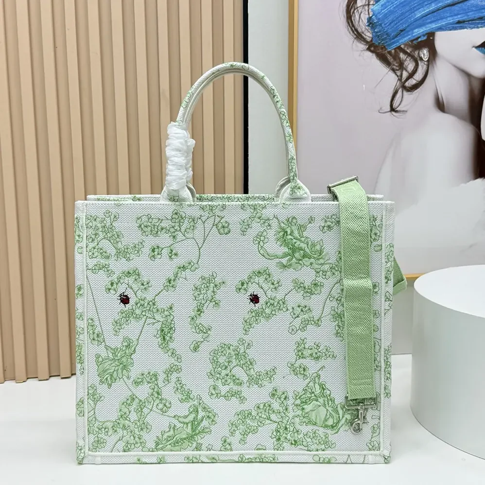 Dior Medium Dior Book Tote with Strap Green Multicolor Toile de Jouy Clover Embroidery for Women