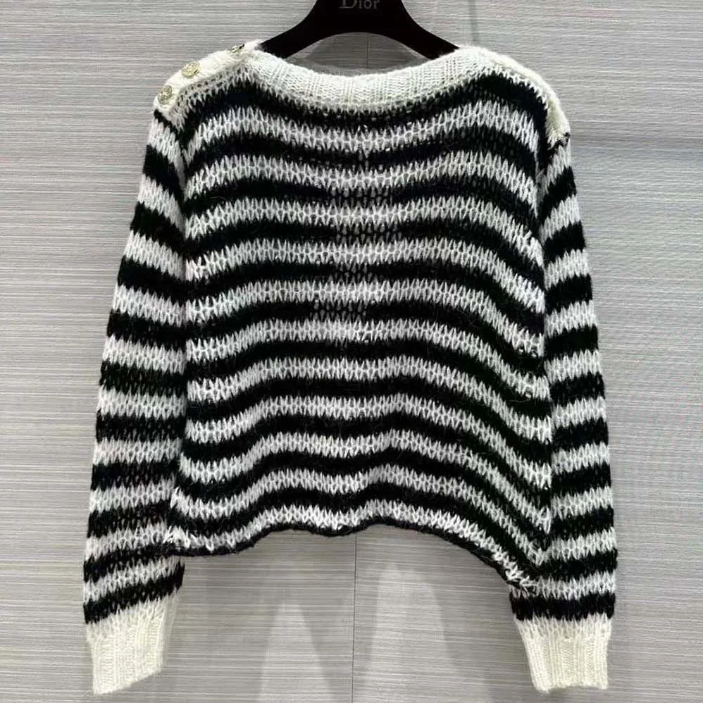 Dior Marinière Sweater Navy Blue and Ecru Wool Cashmere and Silk Knit with D for Women in Stripes Motif