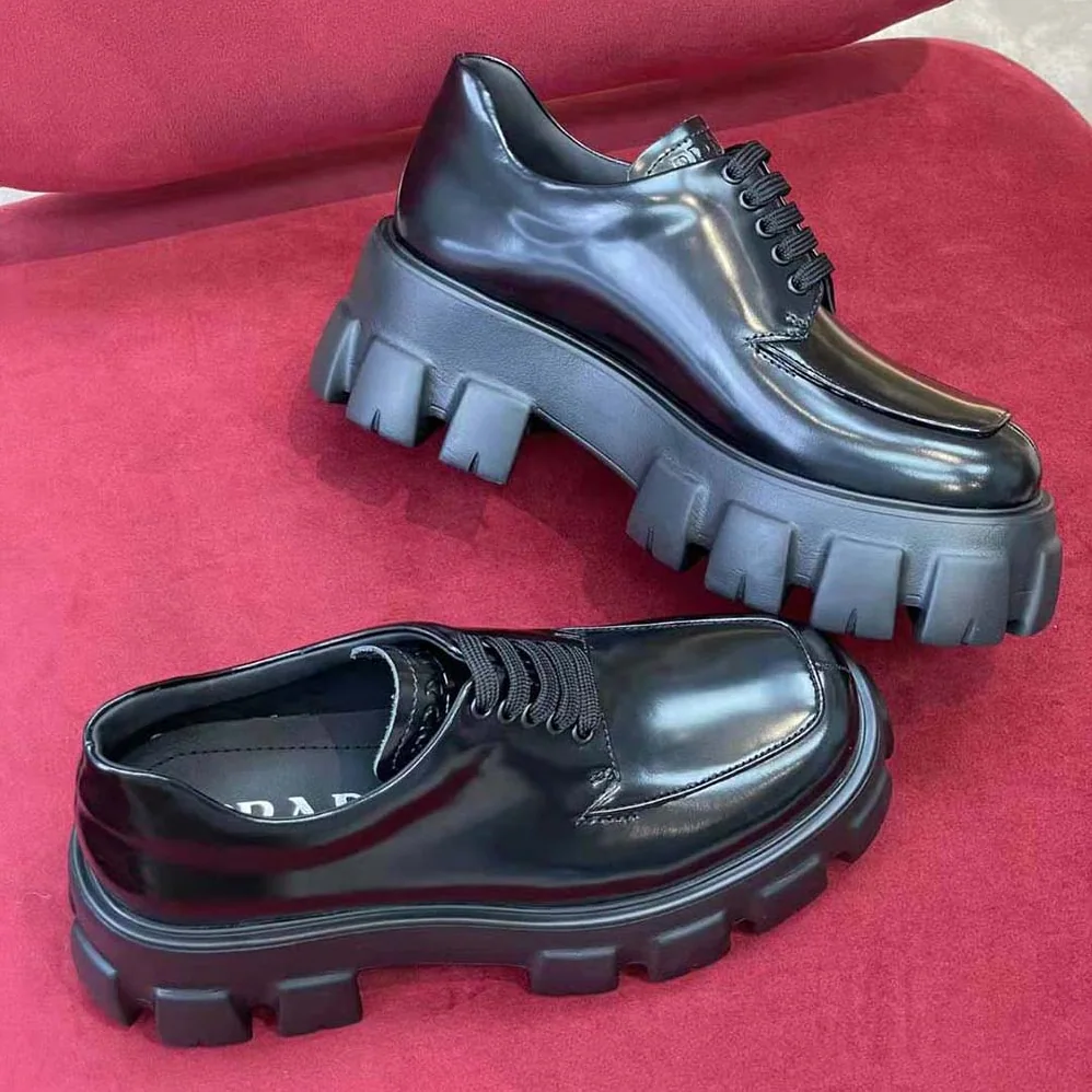 Prada Monolith Brushed Leather Lace-up Shoes for Women in Black