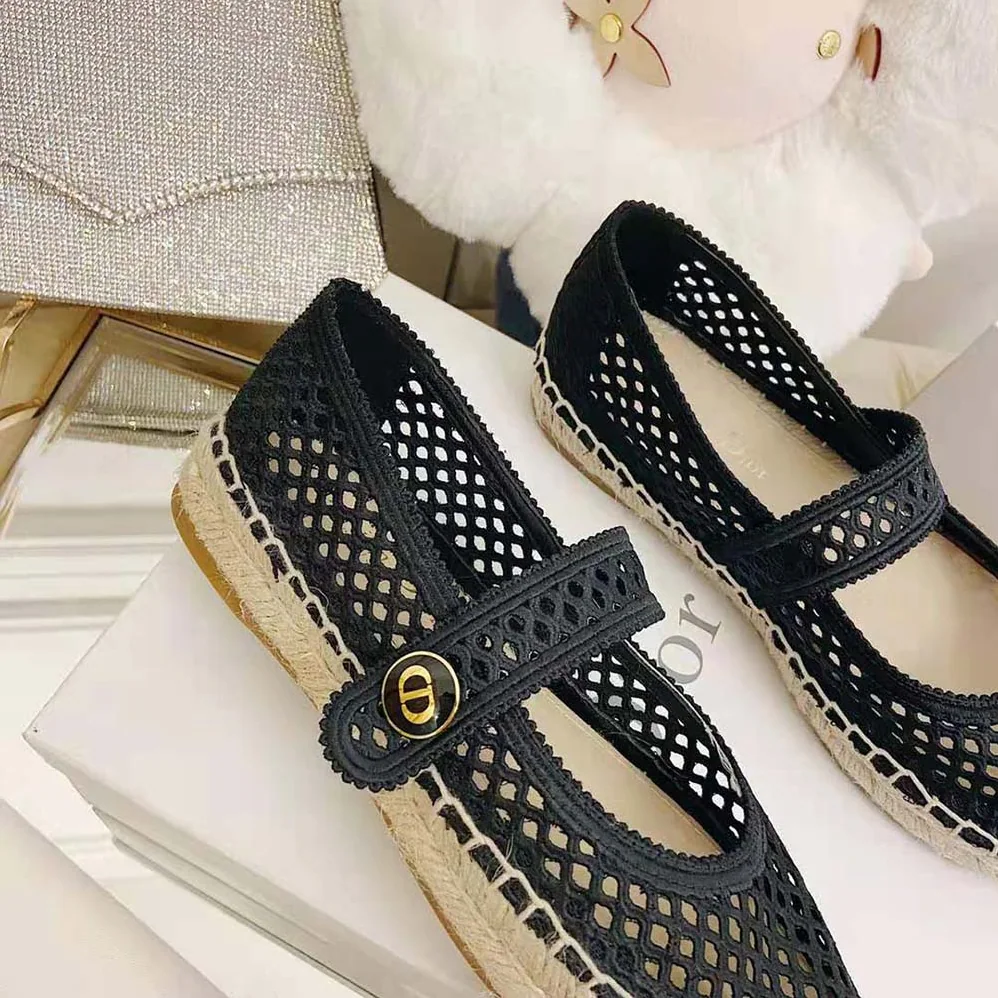 Dior Dior Caro Espadrille Ballerina Flat Black Mesh Embroidery for Women Dior Dior Caro Espadrille Ballerina Flat Black Mesh Embroidery for Women