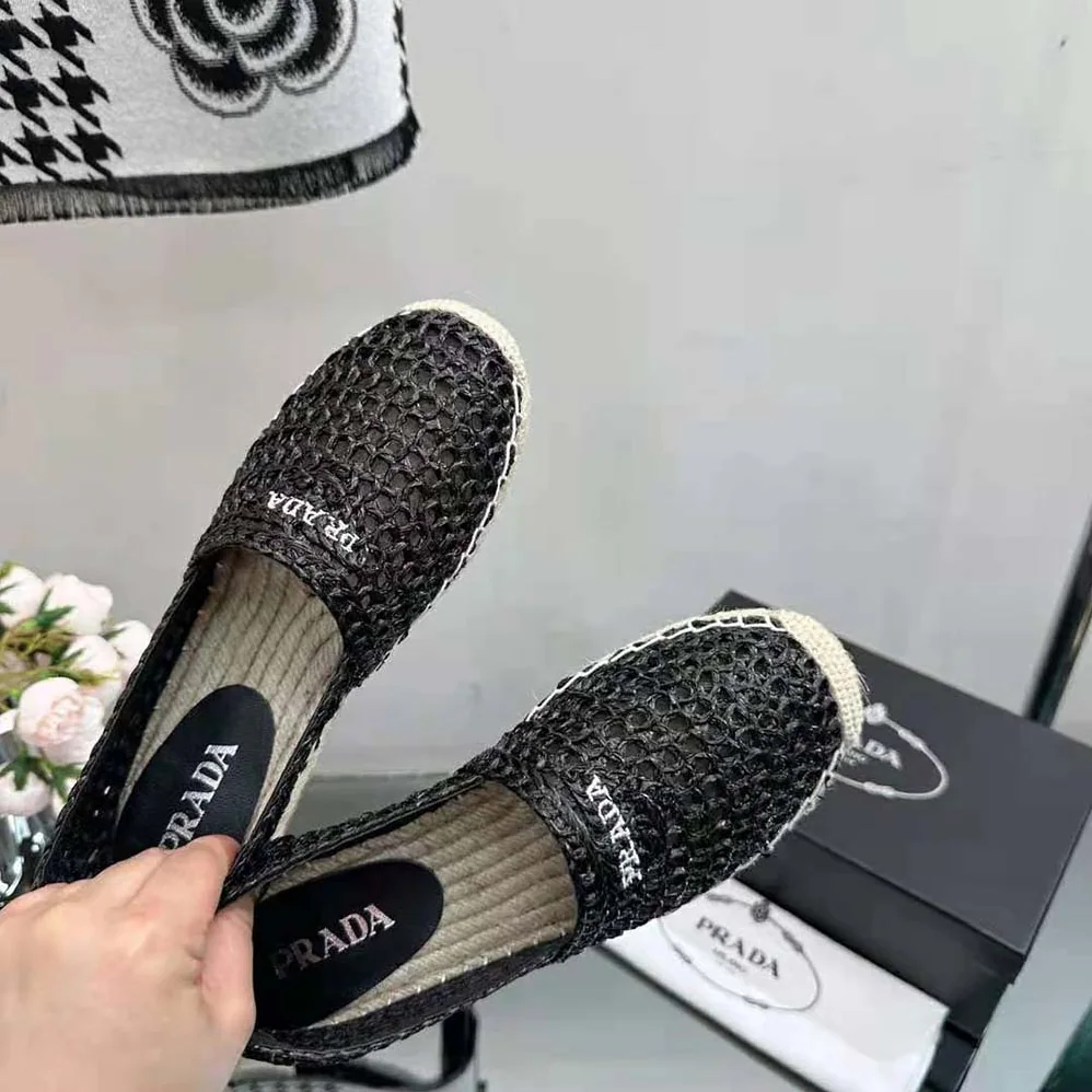 Prada Crochet Espadrilles with Embroidered Logo for Women in Black Prada Crochet Espadrilles with Embroidered Logo for Women in Black
