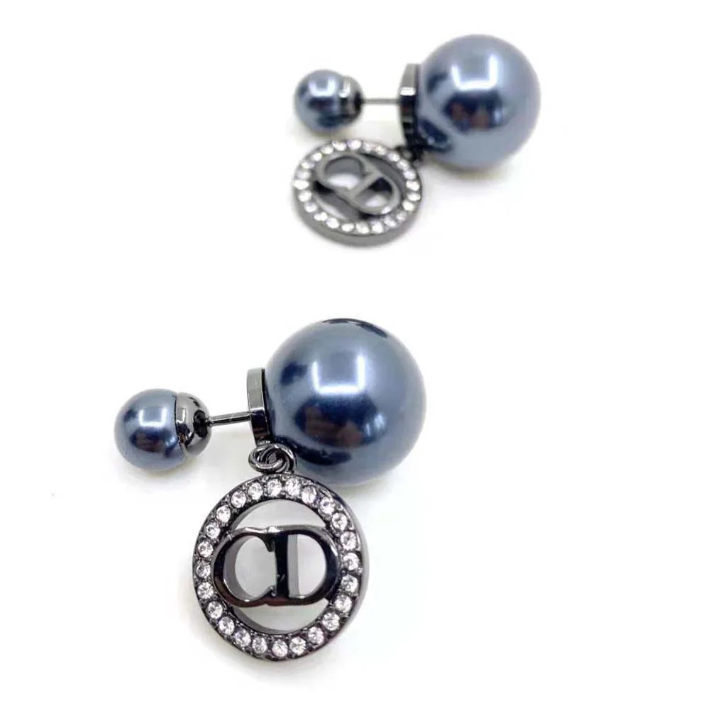 Dior Tribales Earrings Ruthenium-Finish Metal with Gray Resin Pearls and Black Crystals for Women