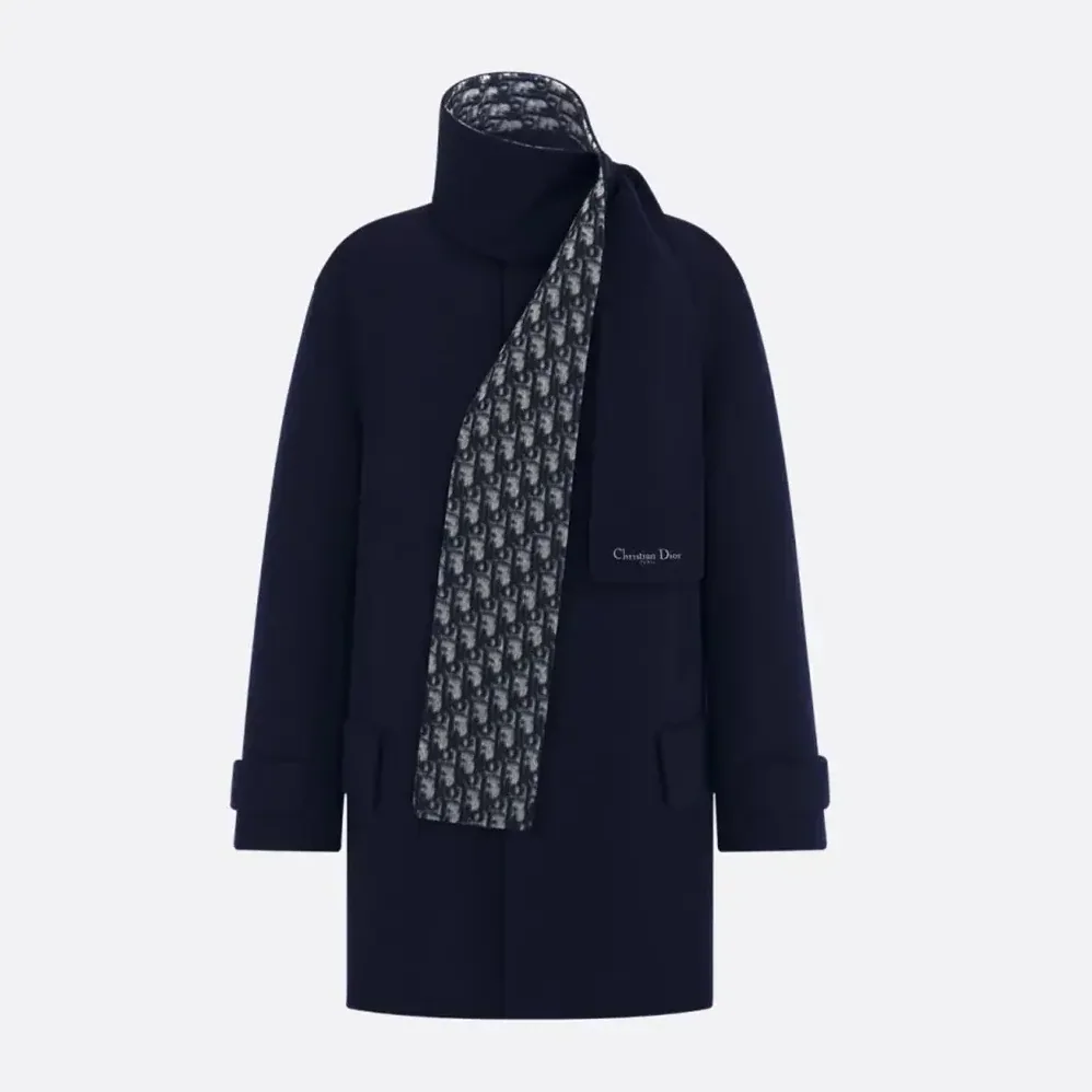 Dior Coat with Scarf Collar Navy Blue Double-Sided Virgin Wool and Silk for Women