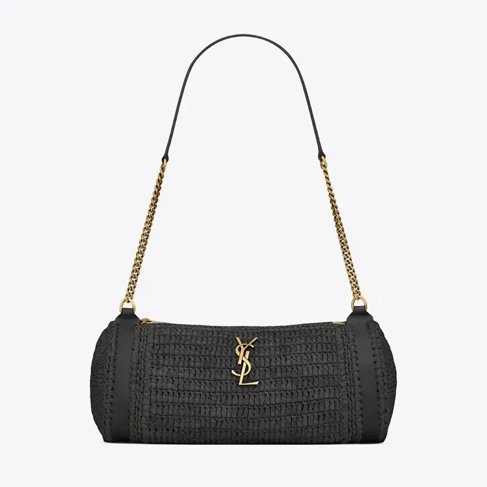 Saint Laurent YSL Cassandre Small Cylinder Bag in Raffia and Vegetable for Women in tanned Leather Saint Laurent YSL Cassandre Small Cylinder Bag in Raffia and Vegetable for Women in tanned Leather