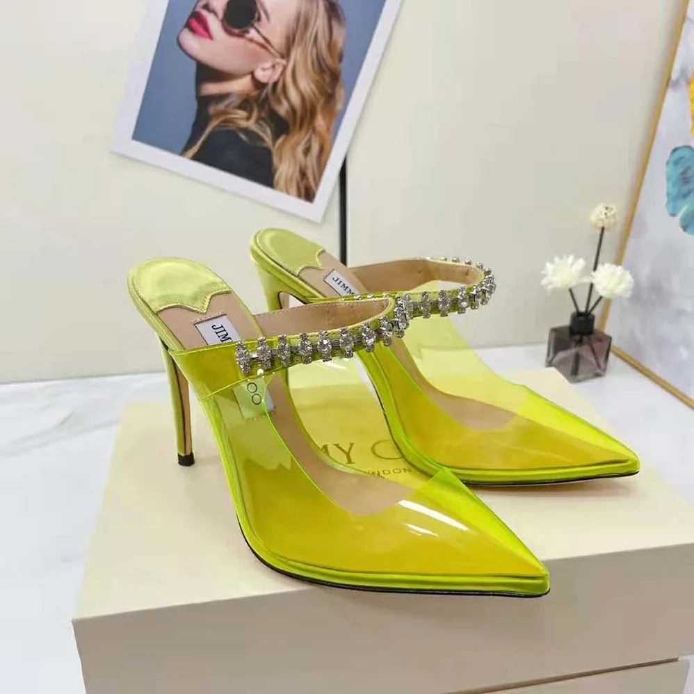 Jimmy Choo Bing 100 Neon Yellow Plexi Mules with Yellow Crystal Strap for Women Jimmy Choo Bing 100 Neon Yellow Plexi Mules with Yellow Crystal Strap for Women