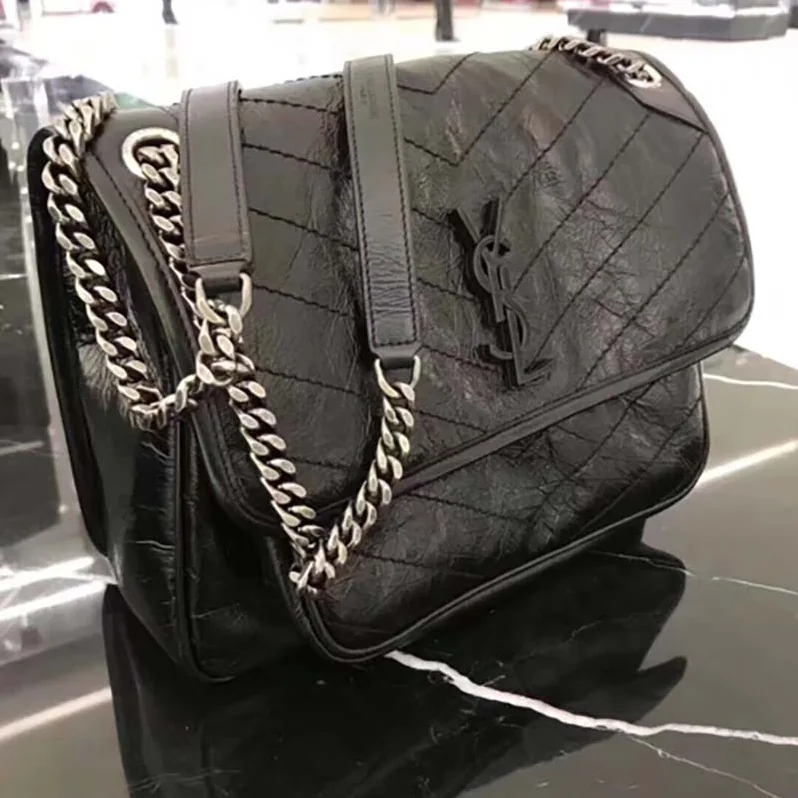 Saint Laurent YSL Medium Niki Chain Crinkled Quilted Fog for Women in Black