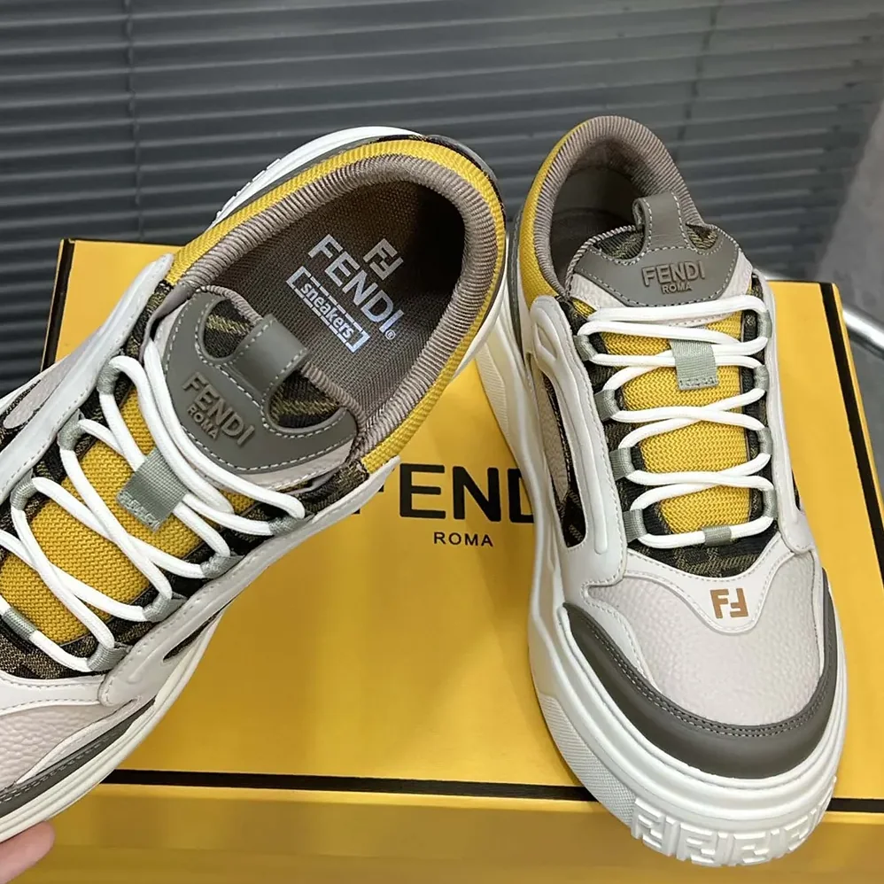 Fendi Fendi Force Sneakers White Brown and Yellow Leather Low for Unisex in tops