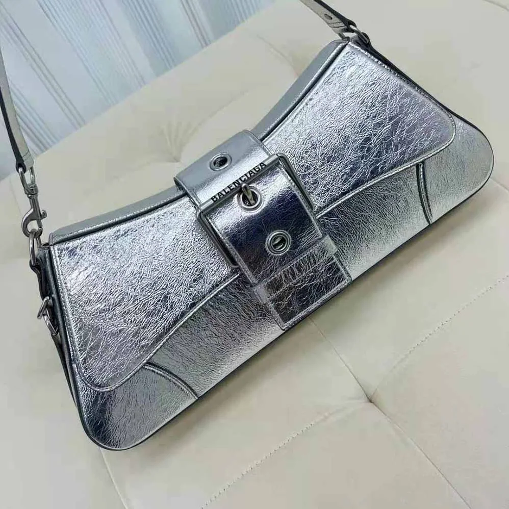 Balenciaga Lindsay Small Shoulder Bag with Strap Pleated Mirror Effect for Women in Silver Balenciaga Lindsay Small Shoulder Bag with Strap Pleated Mirror Effect for Women in Silver