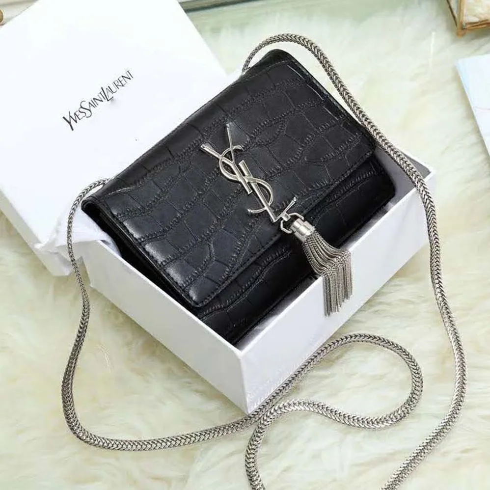 Saint Laurent YSL Kate Tassel Chain Wallet Crocodile Embossed for Women in Black Saint Laurent YSL Kate Tassel Chain Wallet Crocodile Embossed for Women in Black