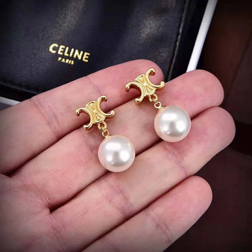 Celine Triomphe Pearl Earrings in Brass with Gold Finish and Glass Pearls for Women