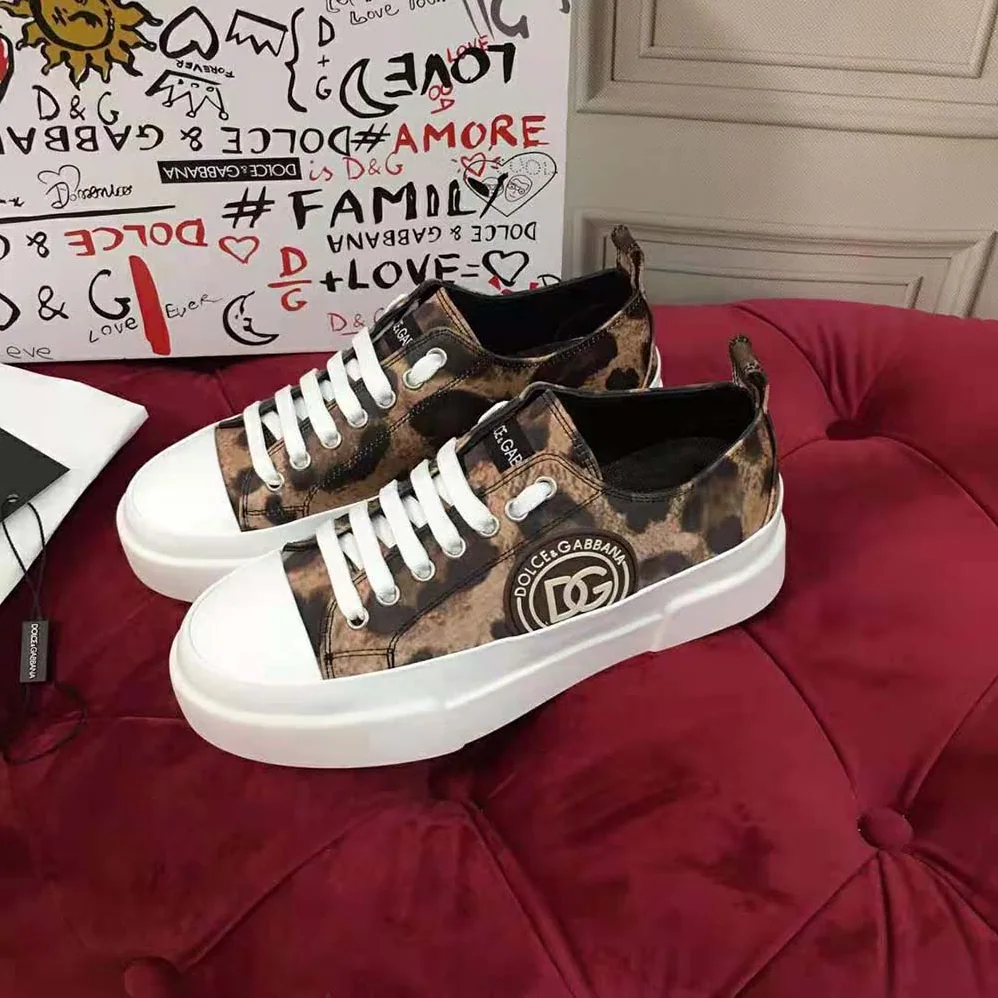 Dolce Gabbana D&G Cotton Drill Portofino Light Sneakers with Leopard Print and DG Logo for Women