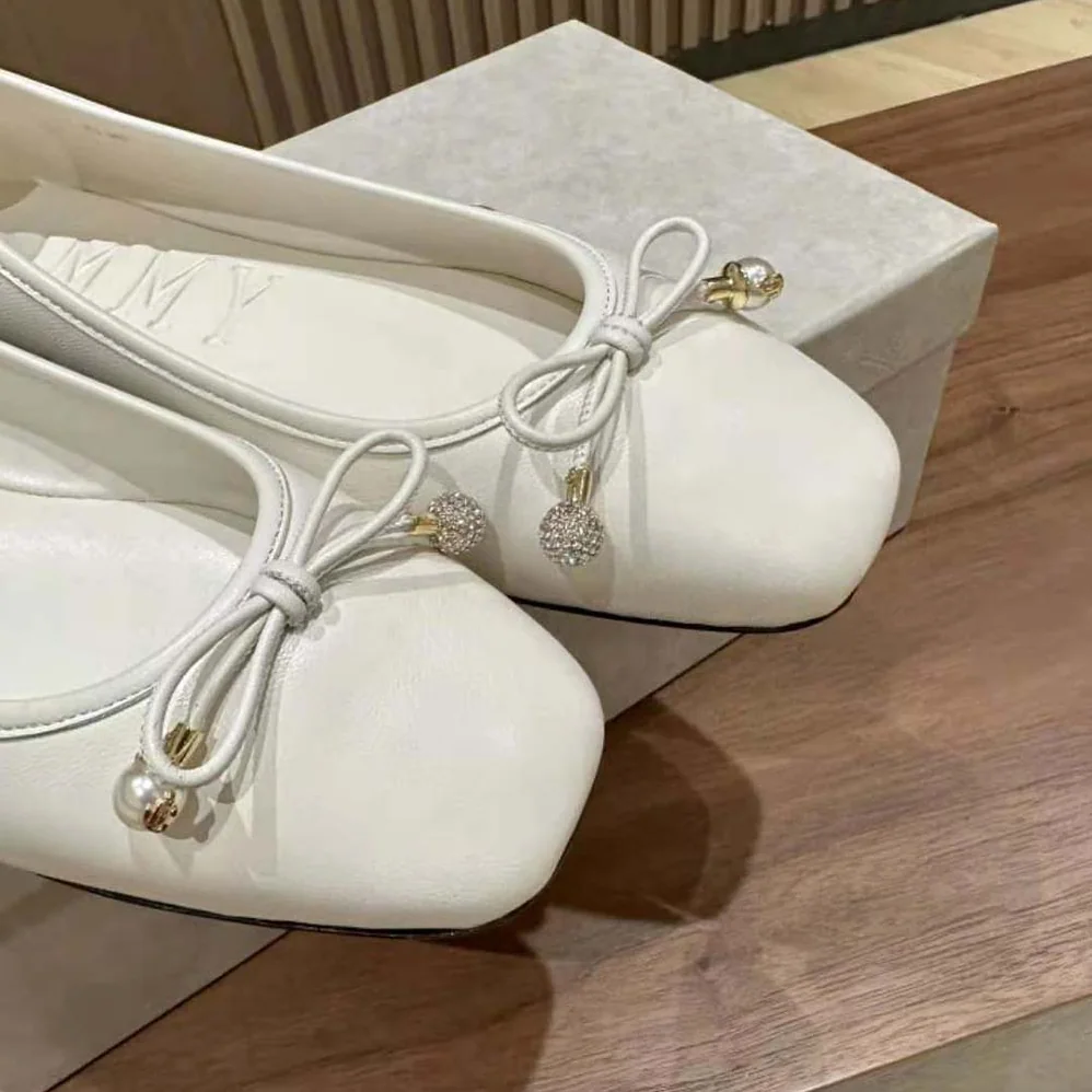 Jimmy Choo Elme Flat Latte Nappa Leather Flats with Pearl Embellishment for Women Jimmy Choo Elme Flat Latte Nappa Leather Flats with Pearl Embellishment for Women