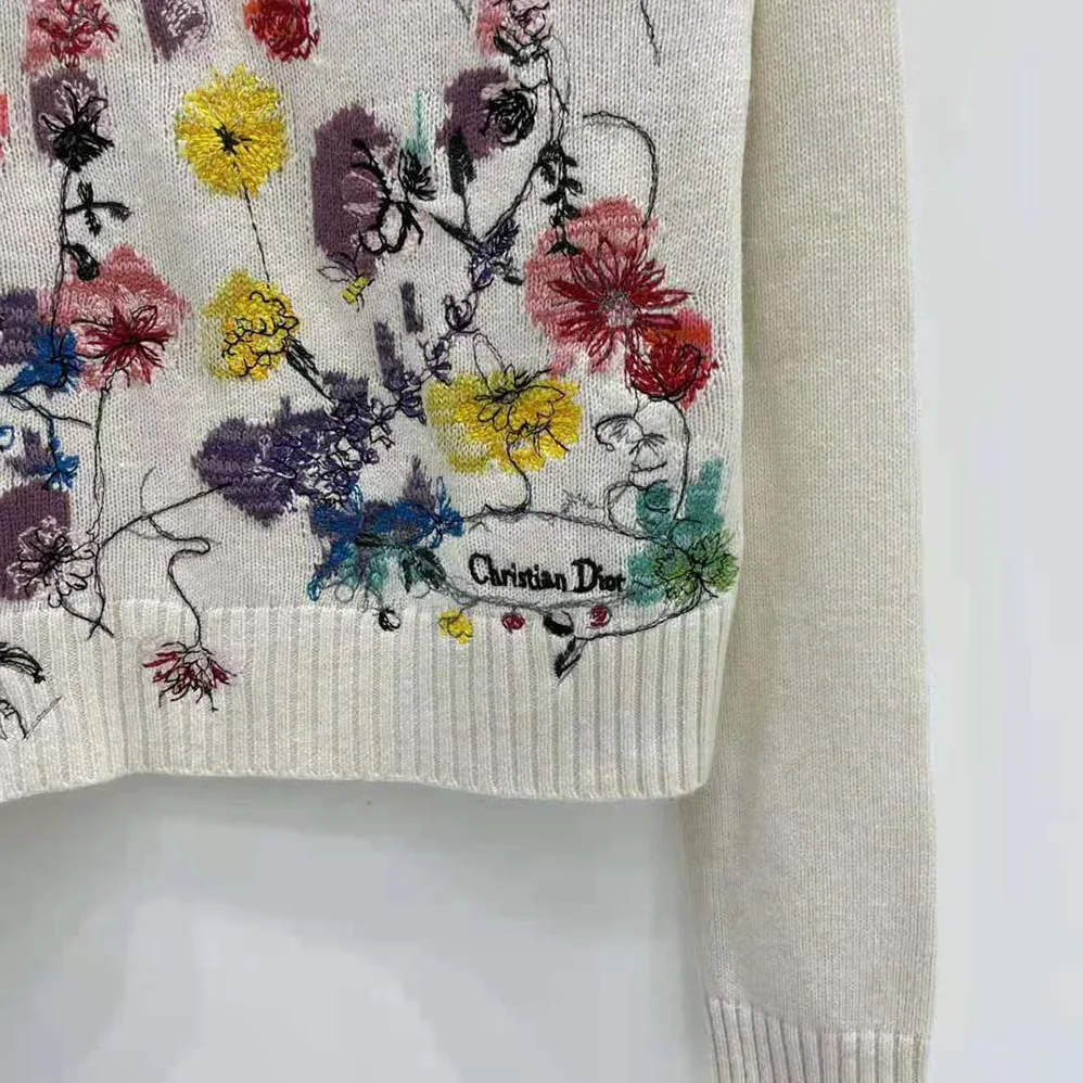 Dior Embroidered Sweater White Cashmere Knit with Red Multicolor Florilegio Motif for Women Dior Embroidered Sweater White Cashmere Knit with Red Multicolor Florilegio Motif for Women