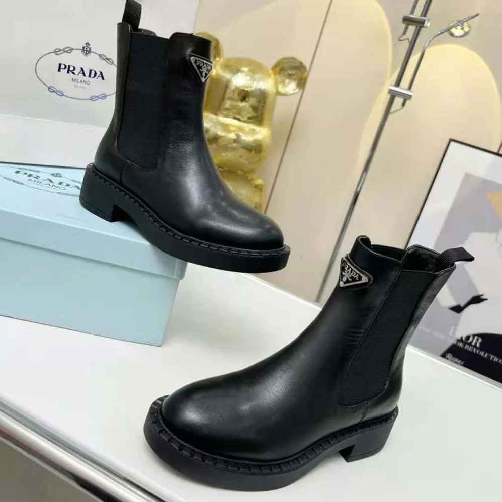 Prada Brushed Leather Booties for Women in Black Prada Brushed Leather Booties for Women in Black