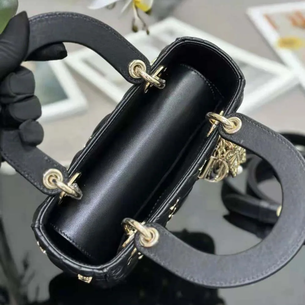 Dior Small Lady Dior Bag Black Cannage Lambskin with Gold for Women in Finish Butterfly Studs