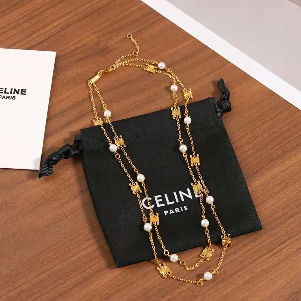 Celine Triomphe Pearl Double Necklace in Brass with Gold Finish and Resin Pearls for Women