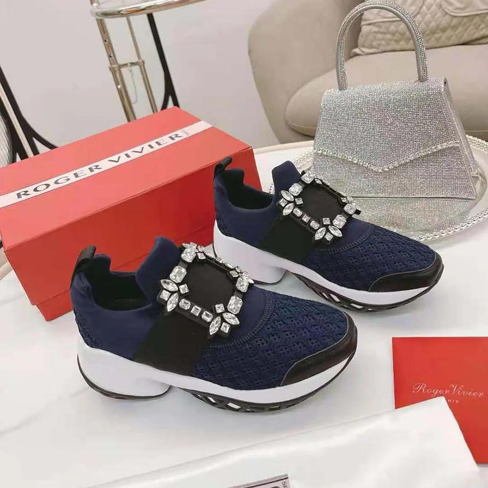 Roger Vivier Viv' Run Strass Buckle Sneakers in Technical Fabrics for Women in Navy