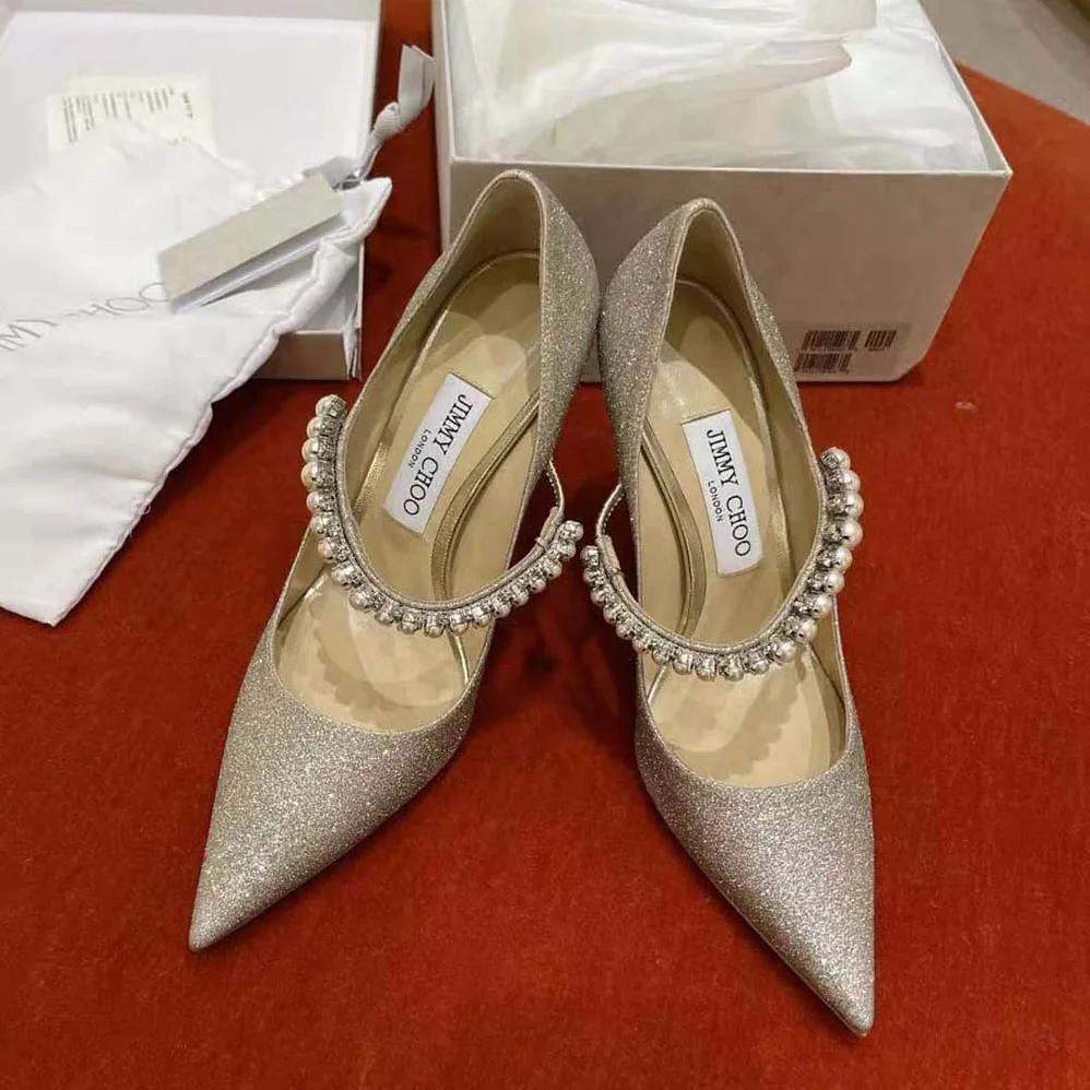 Jimmy Choo Baily 100 Platinum Ice Dusty Glitter Pumps with Crystal and Pearl Strap for Women Jimmy Choo Baily 100 Platinum Ice Dusty Glitter Pumps with Crystal and Pearl Strap for Women