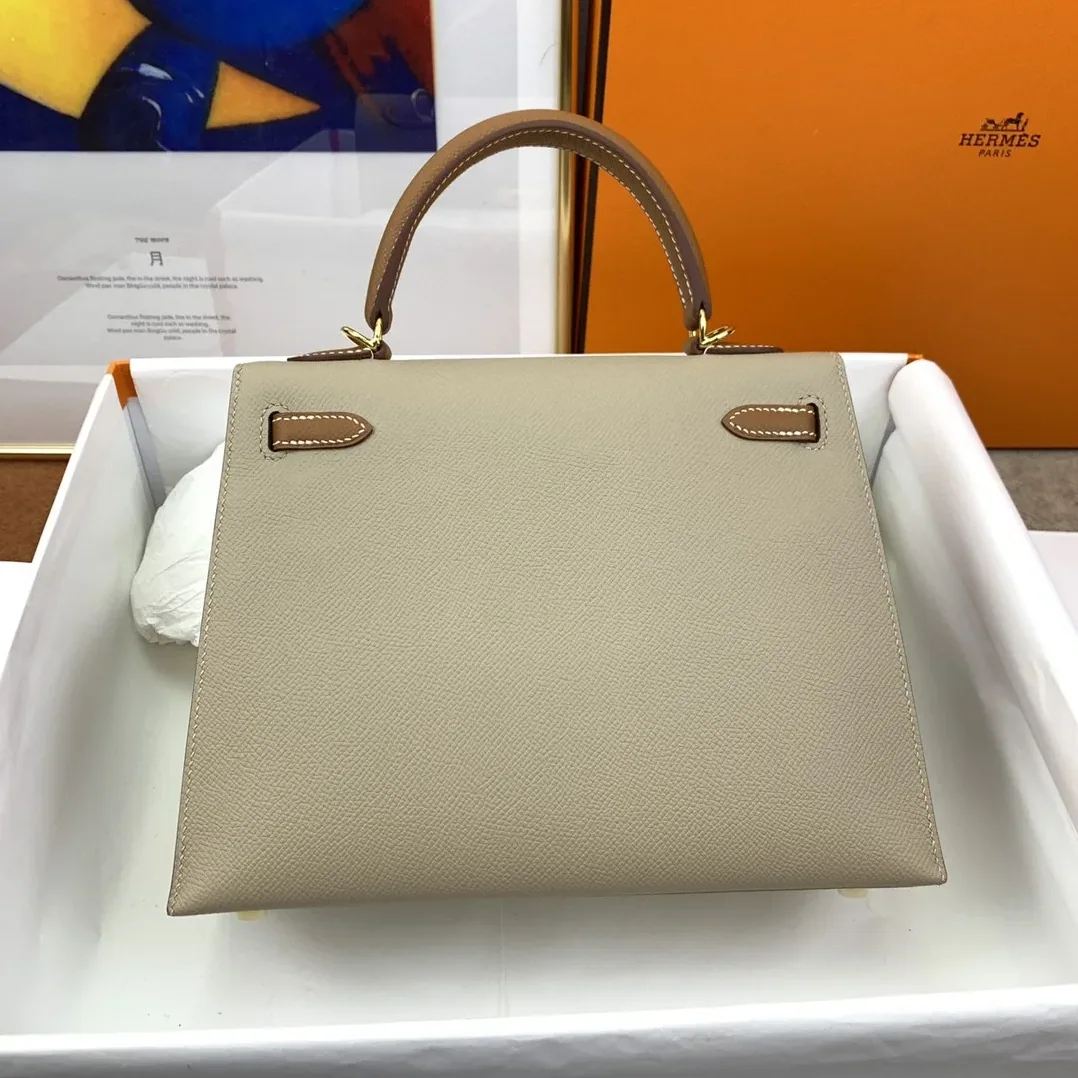 Hermes Kelly 25 Sellier Epsom Greige in Brown Bag