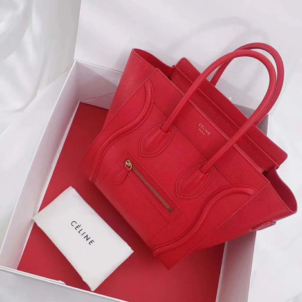 Celine Micro Luggage Handbag in Drummed Calfskin for Women in Red