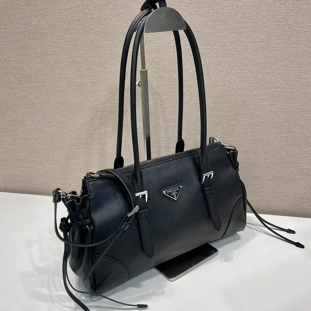 Prada Bonnie Medium Antiqued Leather Tote Bag for Women in Black