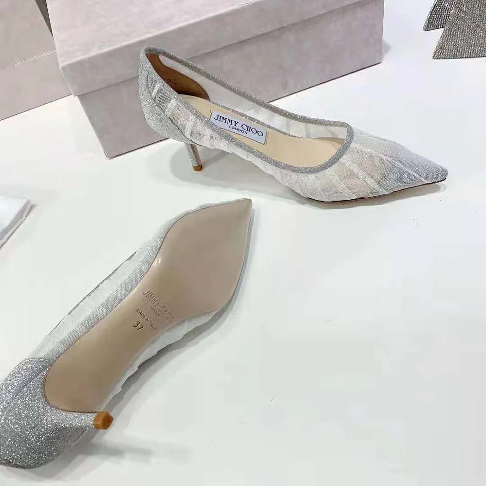Jimmy Choo Love 65 Metallic Silver Glitter Fabric Pumps for Women Jimmy Choo Love 65 Metallic Silver Glitter Fabric Pumps for Women