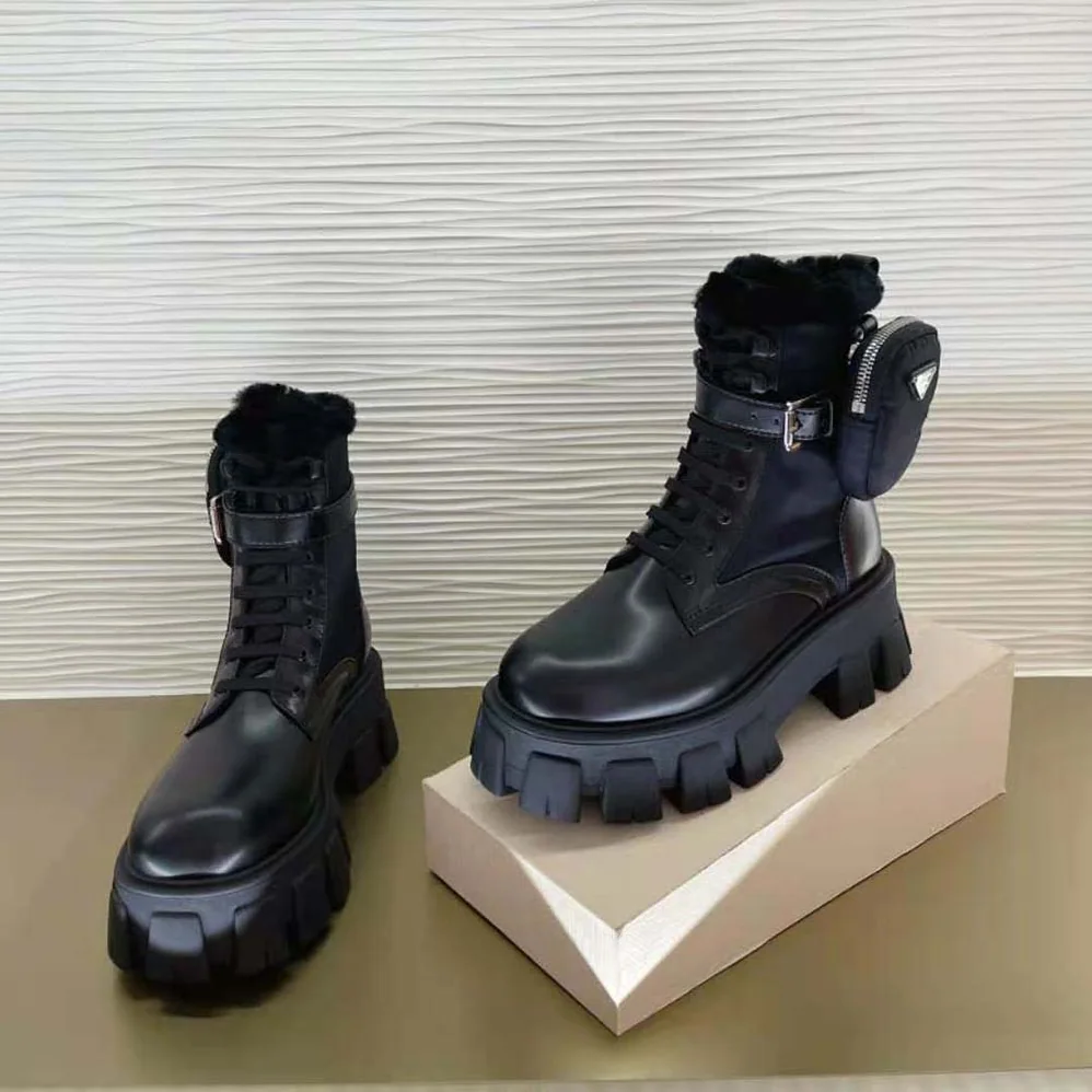 Prada Monolith Leather and Nylon Biker Boots for Women in Black