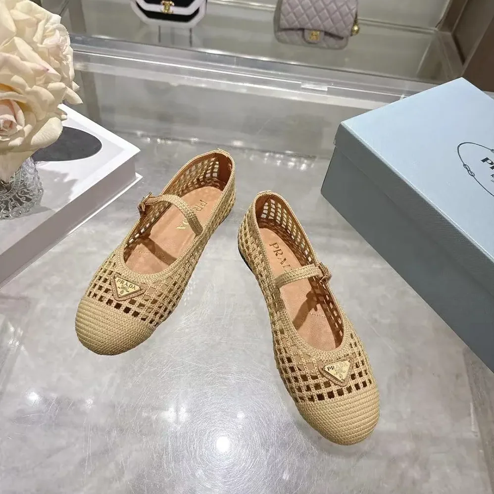 Prada Crochet Ballerinas for Women in Quartz Prada Crochet Ballerinas for Women in Quartz