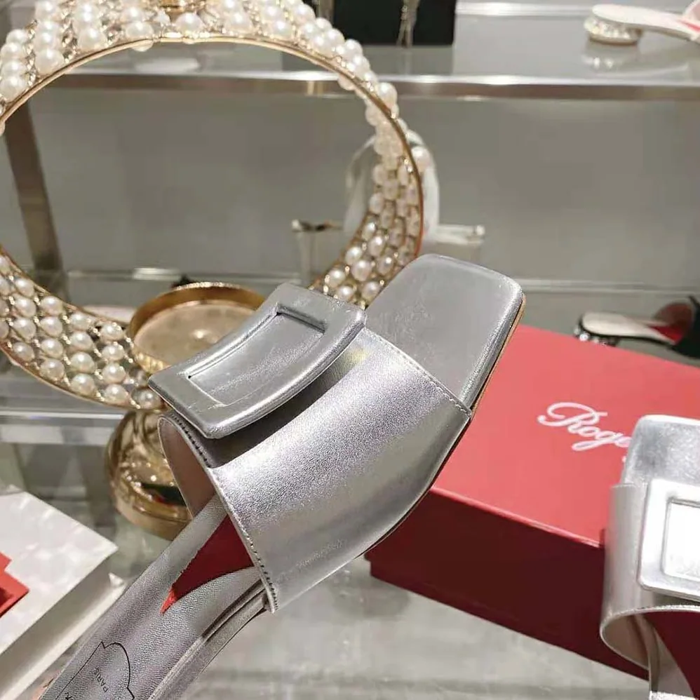 Roger Vivier Strass Heel Covered Buckle Mules in Satin for Women in Silver