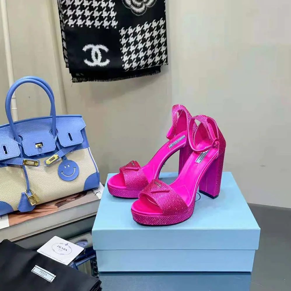 Prada Satin Platform Sandals with Crystals for Women in Pink