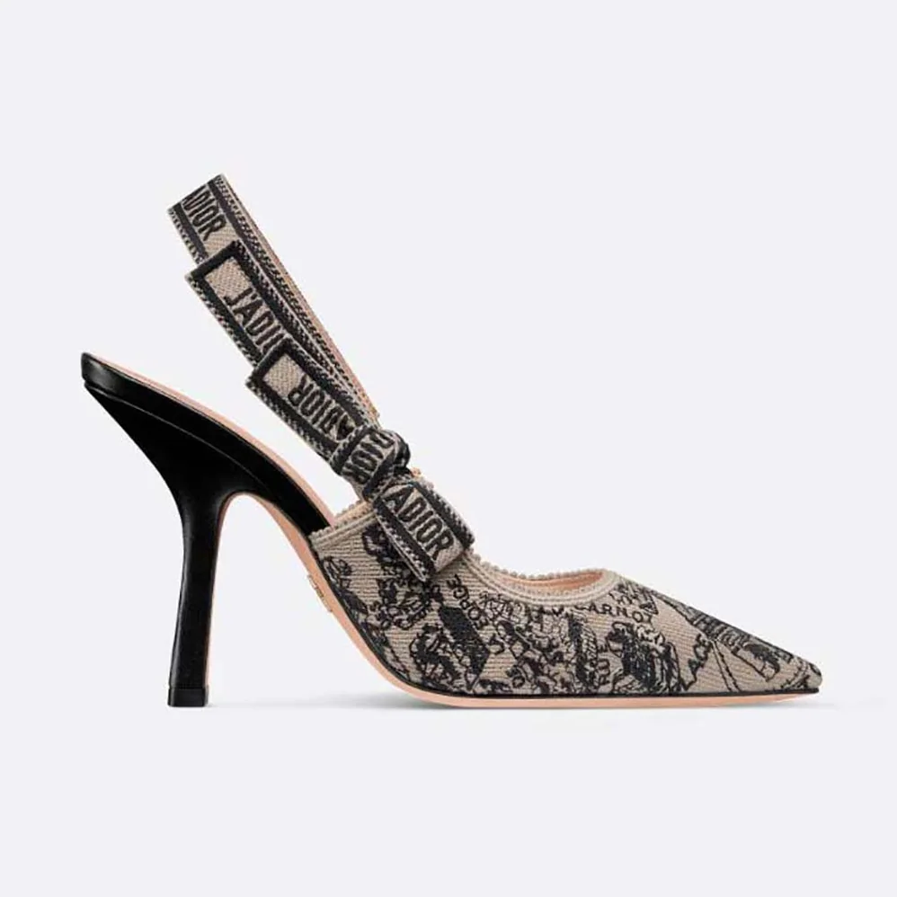 Dior J'Adior Slingback Pump Black and Beige Cotton Embroidered with Plan de Paris Motif for Women Dior J'Adior Slingback Pump Black and Beige Cotton Embroidered with Plan de Paris Motif for Women