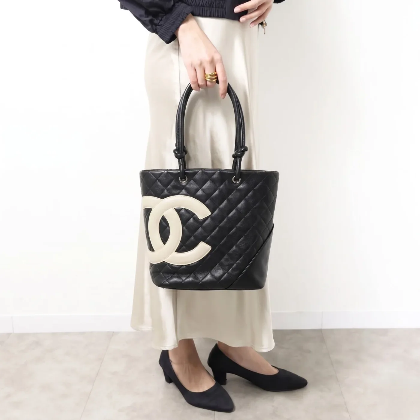 Chanel Cambon Ligne Medium Tote Bag in Black/ White Silver Hardware