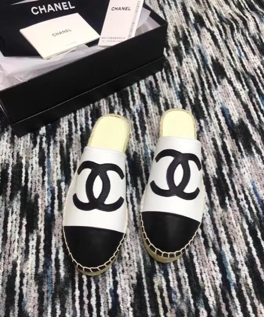 Chanel Mule Espadrille Slides White/Black , Shoes Chanel Mule Espadrille Slides White/Black , Shoes