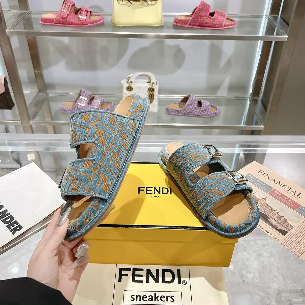 Fendi Feel Light Blue FF Jacquard Velvet Slides for Women