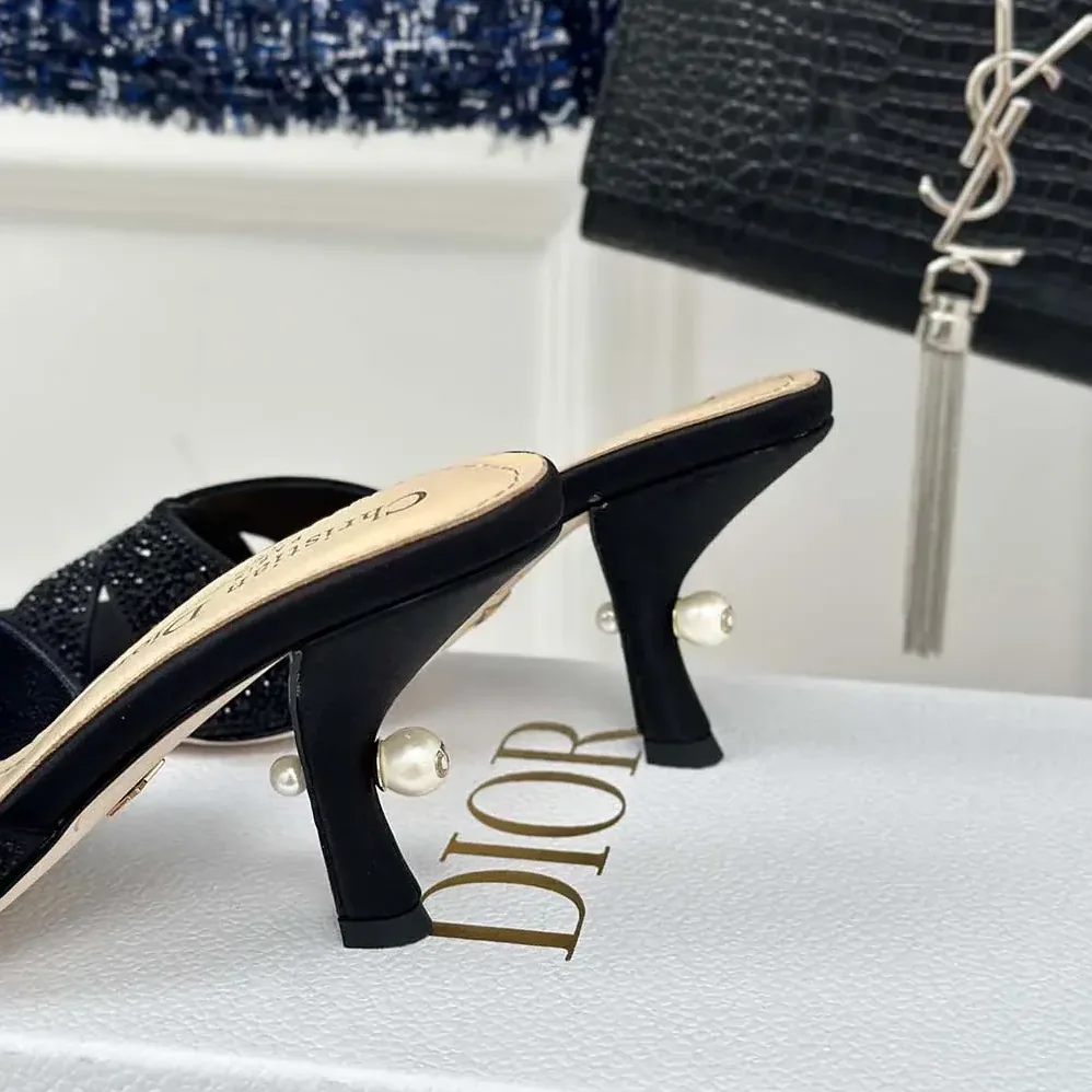 Dior Dior Tribales Heeled Slide Black Suede Calfskin and Strass for Women