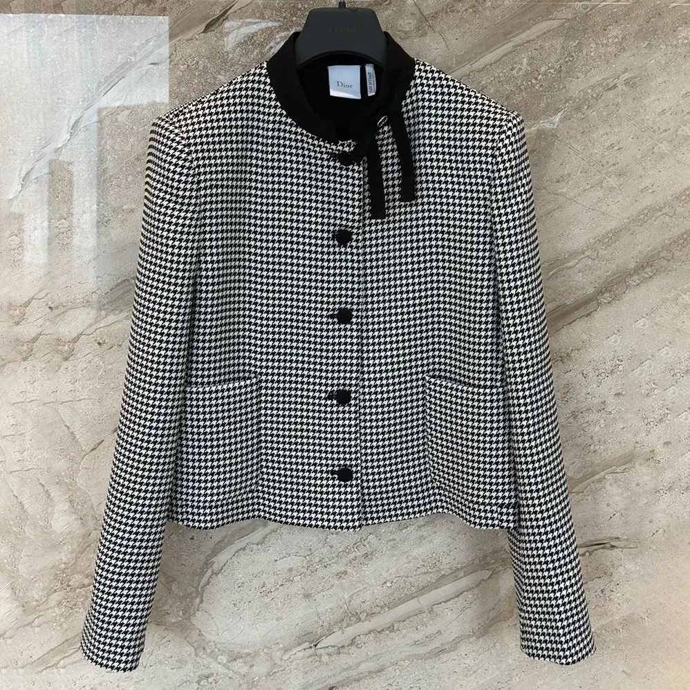 Dior Cropped Jacket Black and White Houndstooth Virgin Wool Blend for Women