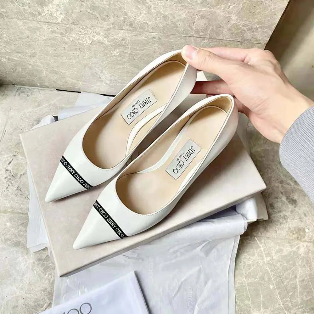 Jimmy Choo RENE 65 Latte Nappa Leather Pointed Pumps with Logo for Women in Woven Ribbon