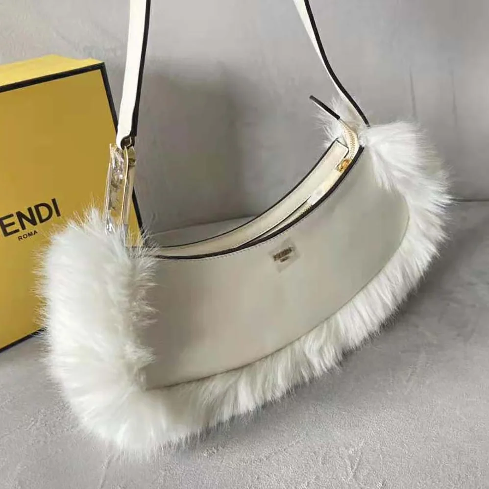 Fendi O'Lock Swing Camellia Leather and Fox Fur Pouch for Women