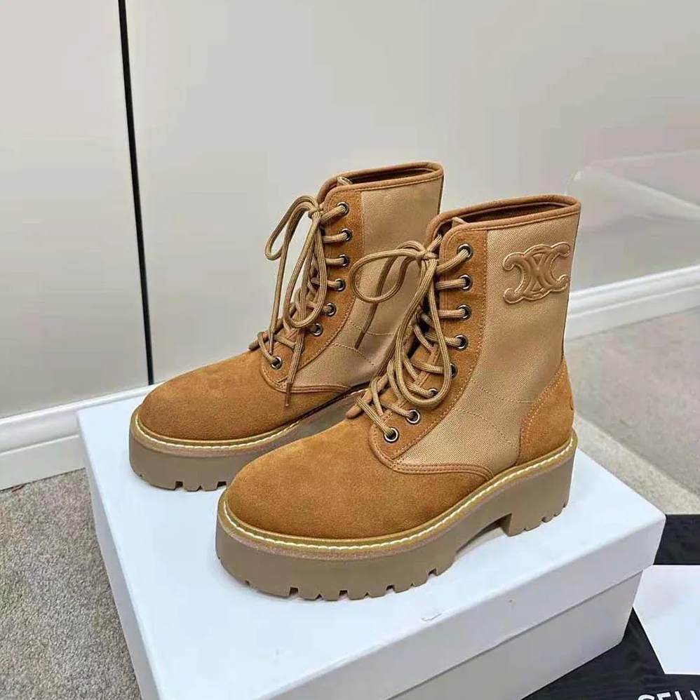 Celine Bulky Lace-up Boot with Triomphe in Nylon & Suede Calfskin for Women