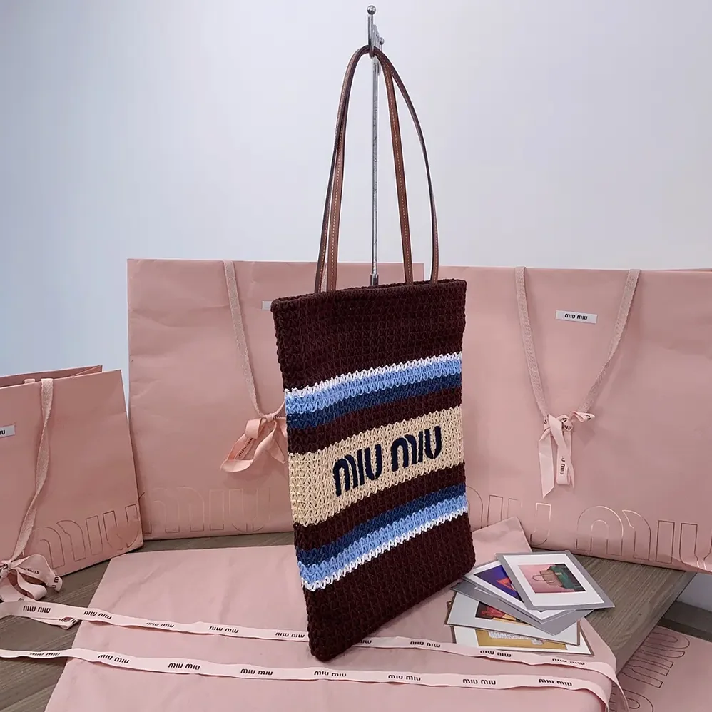 Miu Miu Raffia-Effect Woven Tote Bag for Women in Cocoa Brown/Celeste/Natural