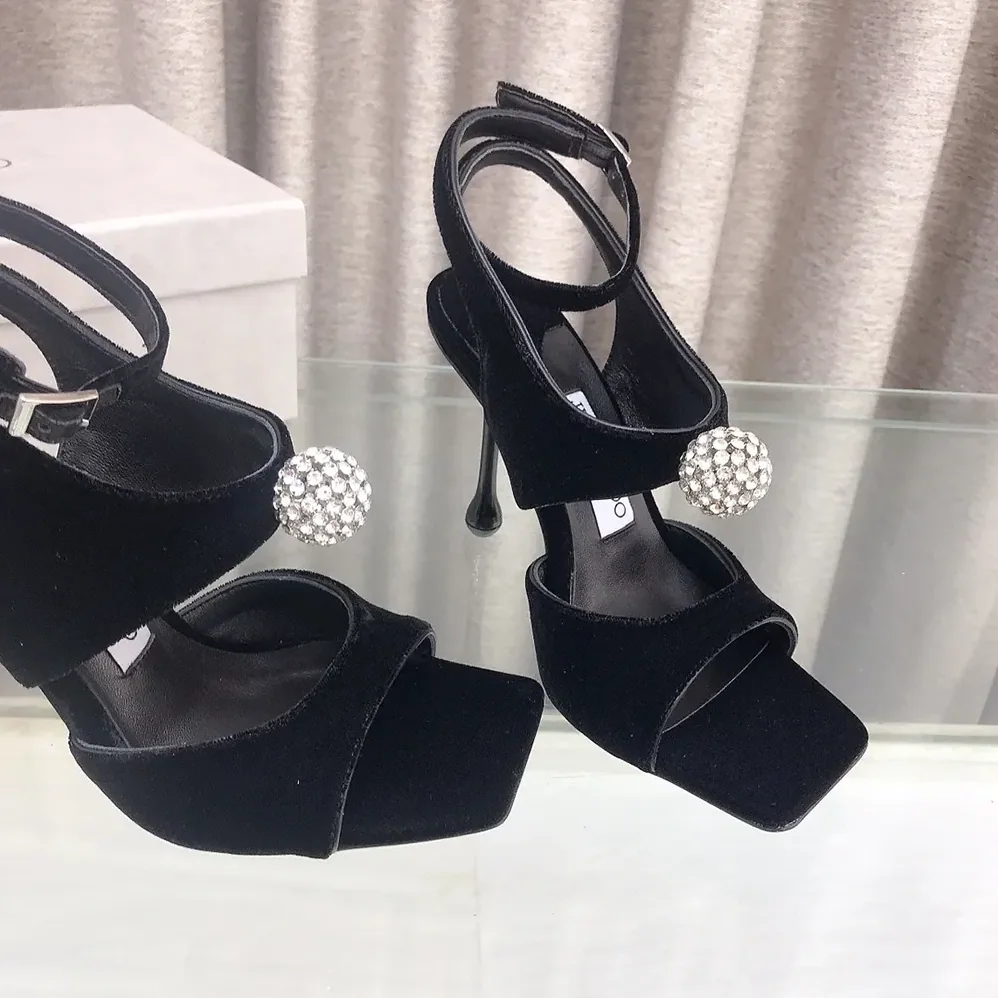 Jimmy Choo Orb 95 Black Velvet Sandals for Women