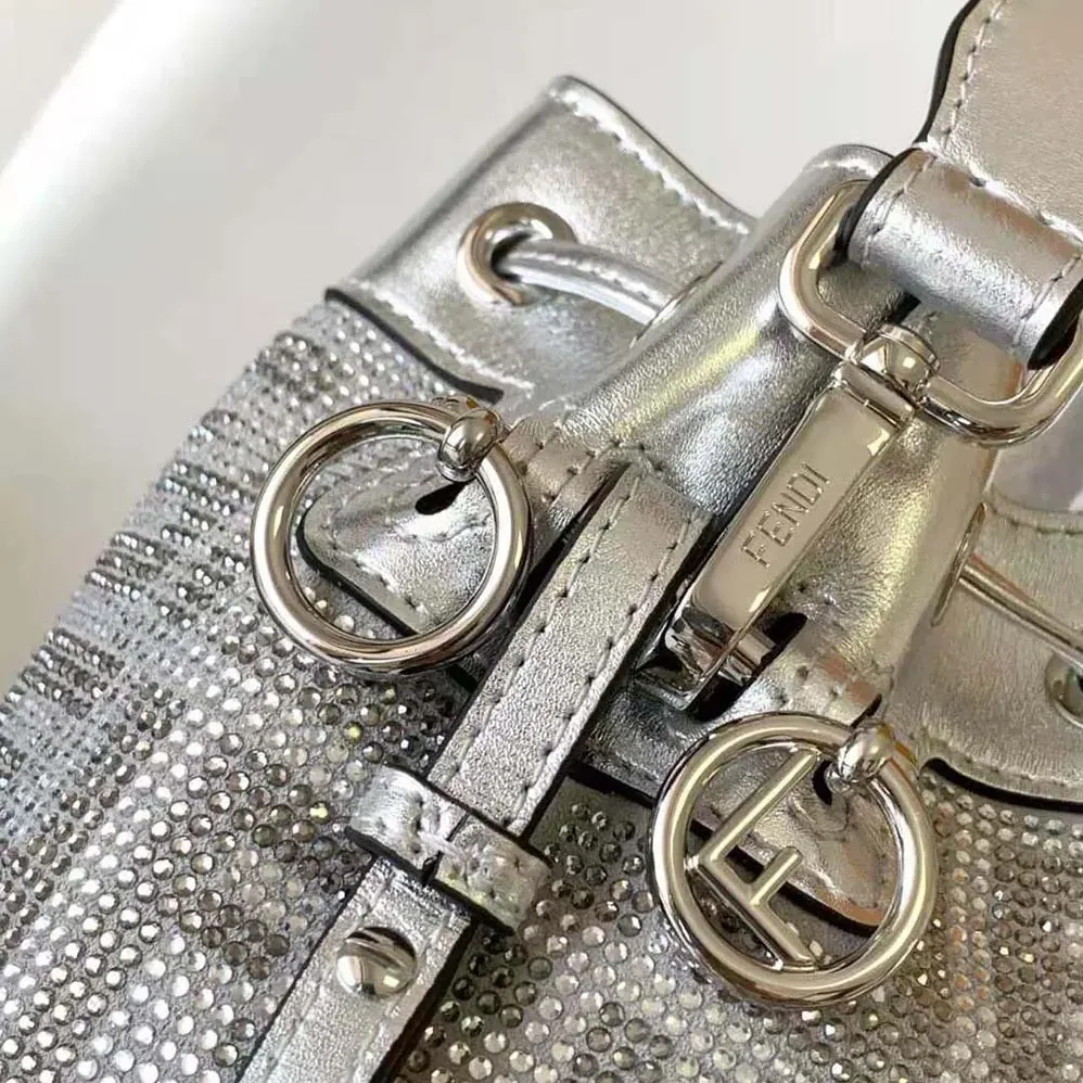 Fendi Mon Tresor Silver Leather Mini Bag with Crystal FF Motif for Women