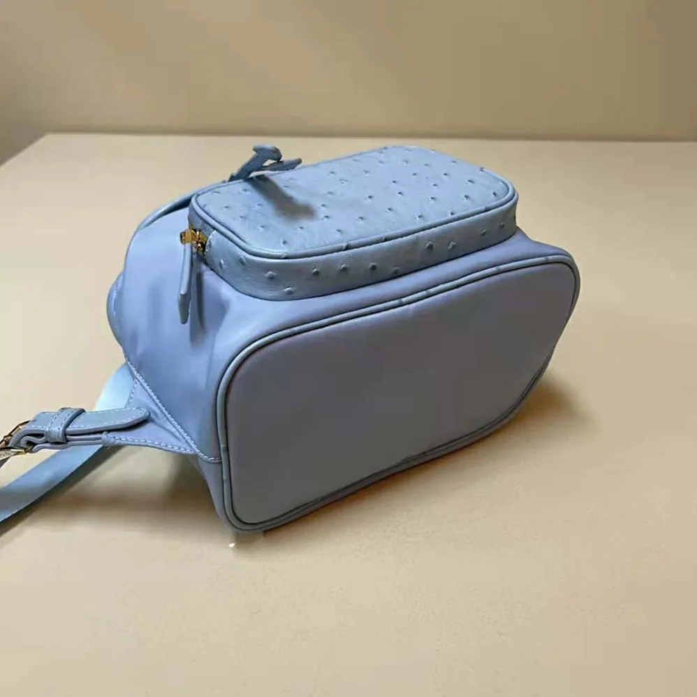 Prada Re-Nylon and Ostrich Leather Backpack for Women in Blue Prada Re-Nylon and Ostrich Leather Backpack for Women in Blue
