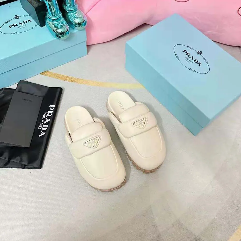 Prada Soft Padded Nappa Leather Sabots for Women in Beige Prada Soft Padded Nappa Leather Sabots for Women in Beige