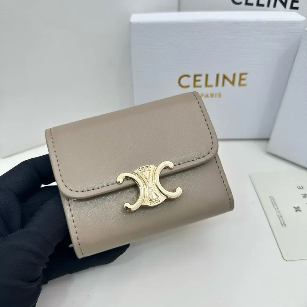 Celine Compact Wallet with Coin Triomphe in Shiny Calfskin for Women in Grey Celine Compact Wallet with Coin Triomphe in Shiny Calfskin for Women in Grey